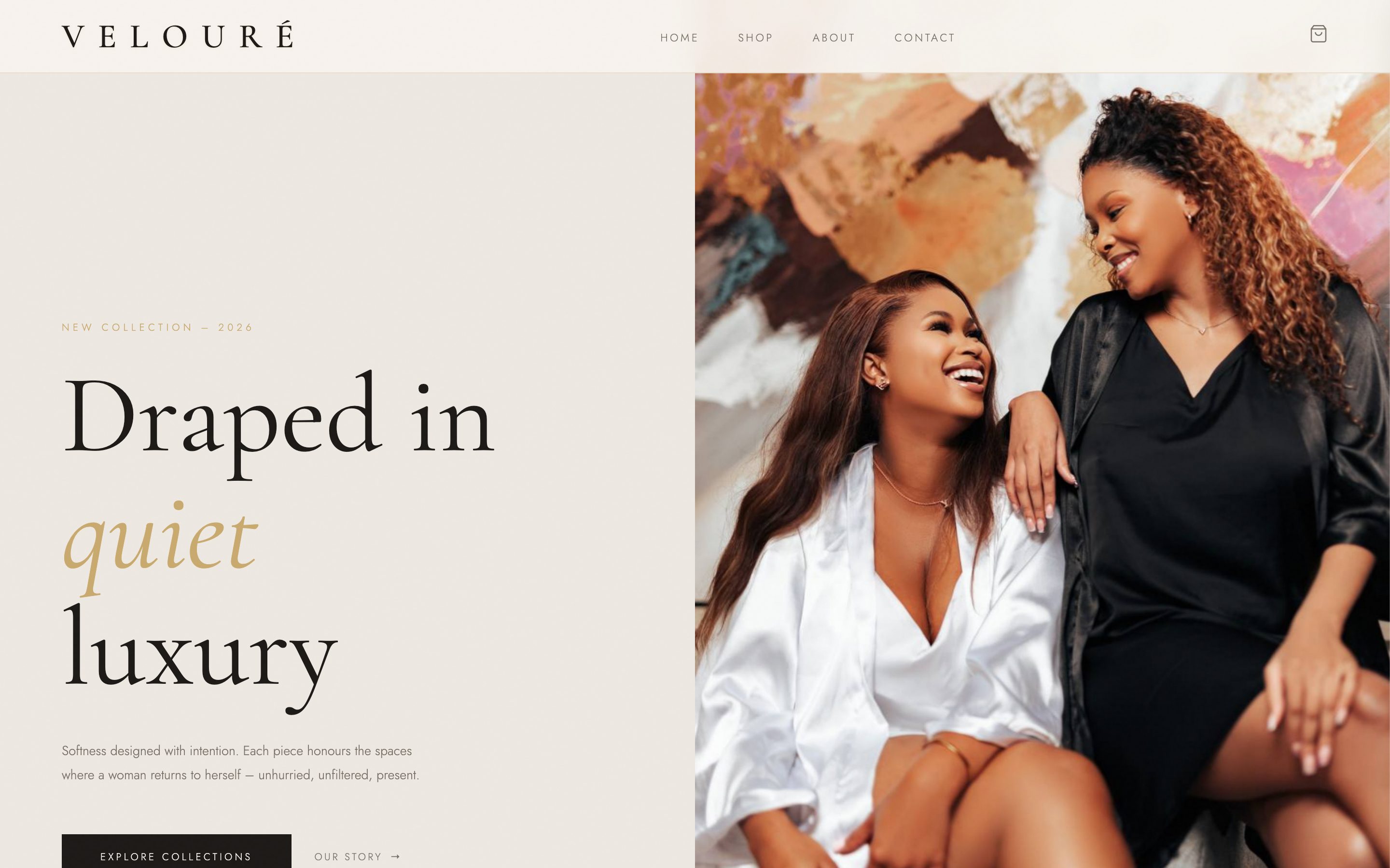 Veloure homepage: an editorial hero reading 'Draped in quiet luxury.'