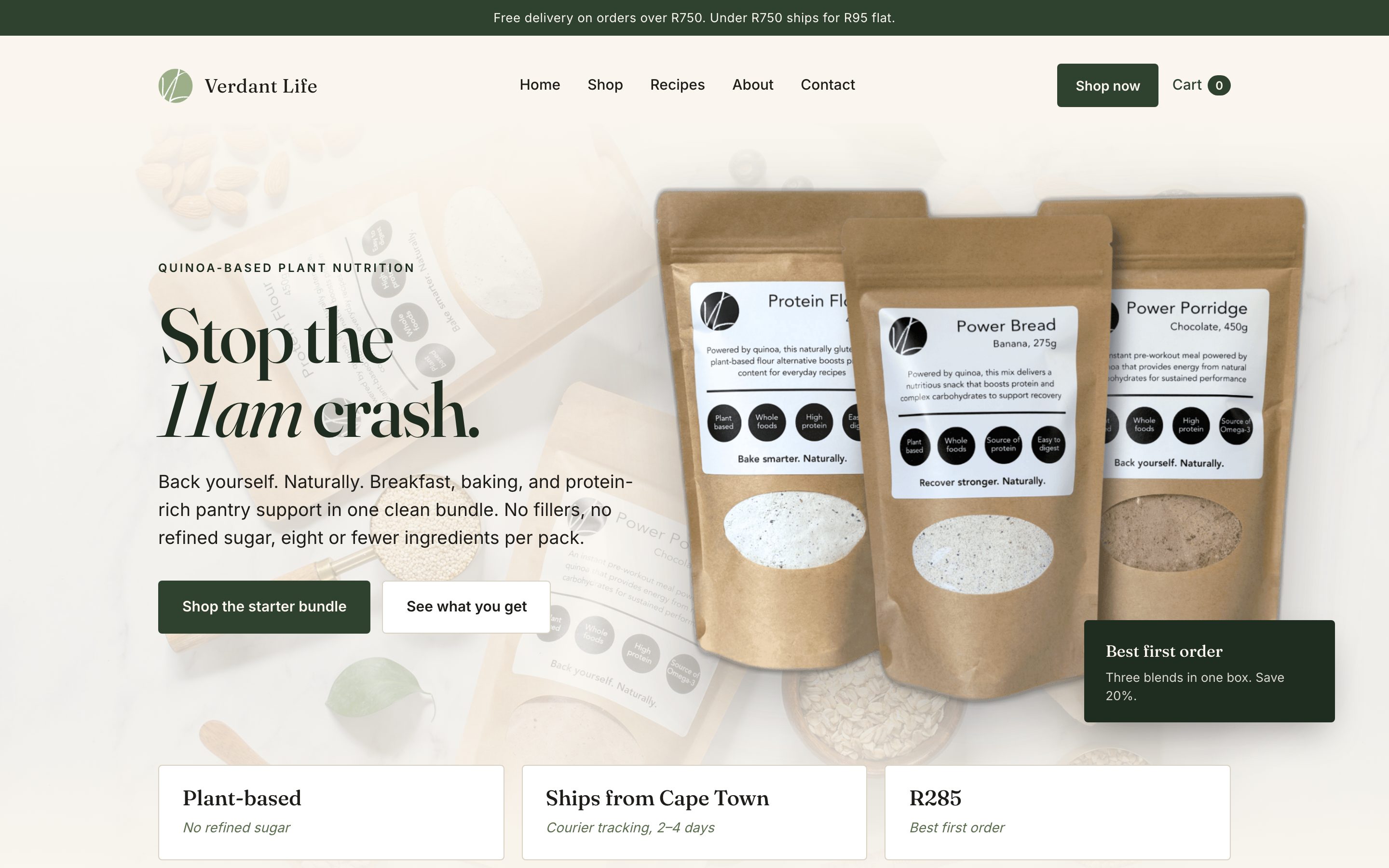 Verdant Life rebuilt homepage: a benefit-led hero